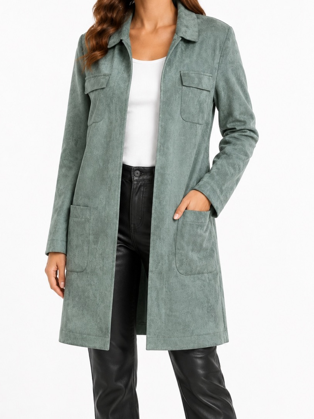 Solitaire Sage Green Microsuede Midi Shacket Open Front Coat Jacket Size MEDIUM